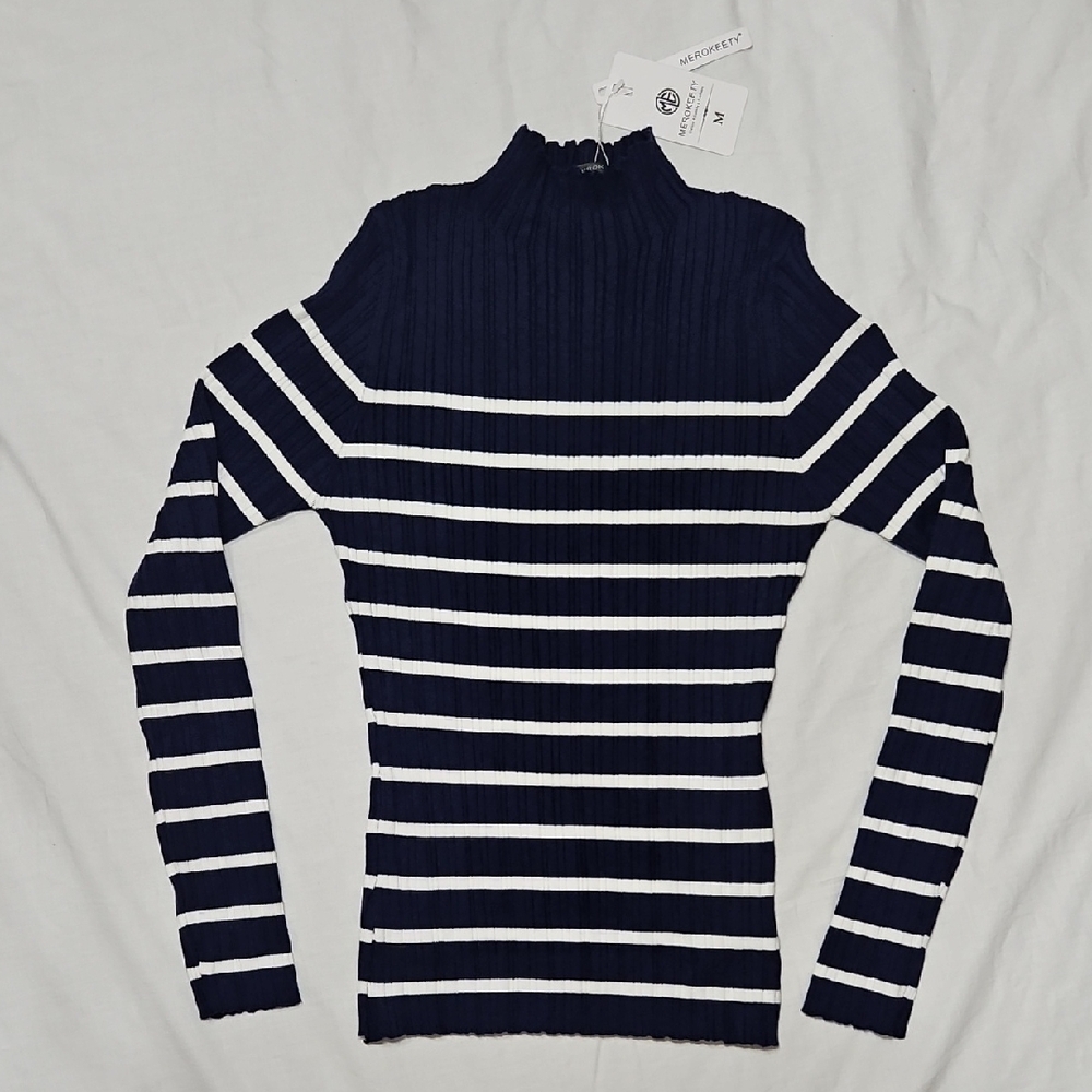 NEW Merokeety Sz M Navy Rib Knit Mockneck Sweater White Stripes